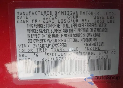 2019 Nissan Sentra Sv z USA, uszkodzony, nr VIN 3N1AB7AP1KY273950